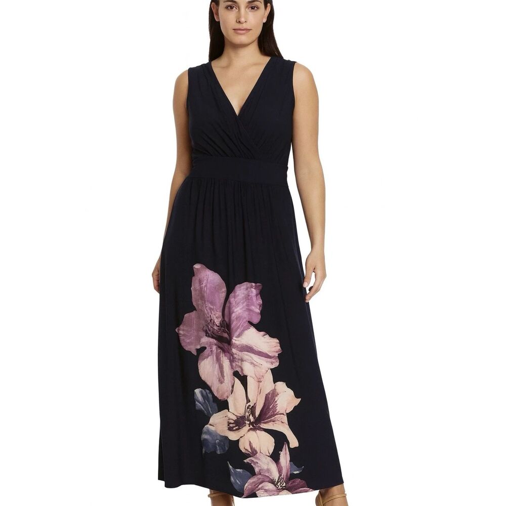HAWAII HIBISCUS Long Blue Floral Dress Sleeveless Maxi Summer NINA LEONARD Small